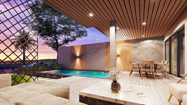 Serenity Jomtien Villas 3 bed villa showing the pool and terrace concept
